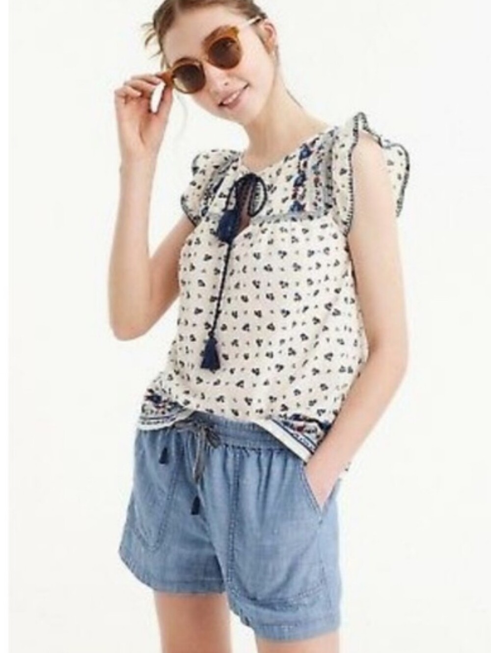 White Floral Tassel Tie Ruffle Sleeve Blouse